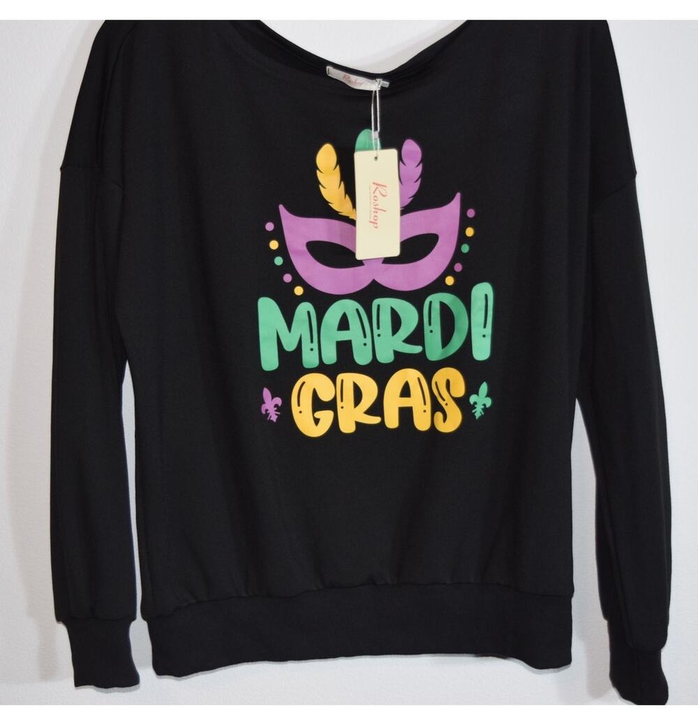 NEW Rashpop Mardi Gras Graphic Sweatshirt Mask Feathers Black Pullover M